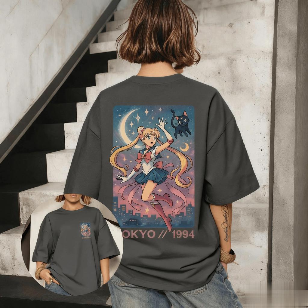 Sailor Moon Цукино Усаги и Луна "Токио 1994" Винтажная футболка, Унисекс Магическая Девочка Аниме Оверсайз Футболка, 100% Хлопок Повседневная Футболка с коротким рукавом