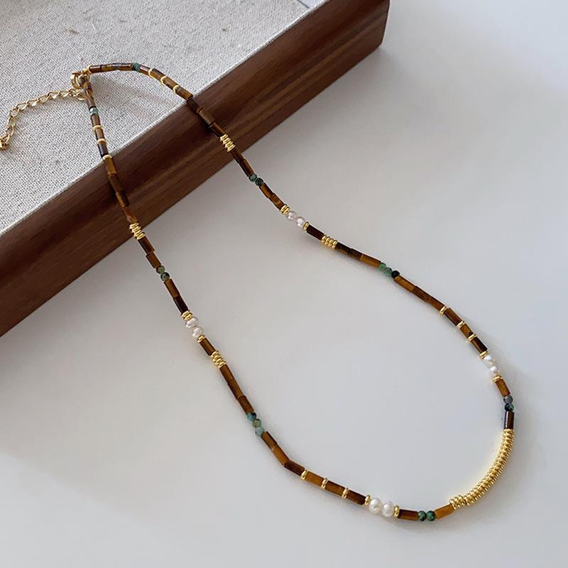 Натуральный пресноводный жемчуг и тигровый глаз богемное ожерелье - осенне-зимняя французская ретро ключичная цепочка для женщин