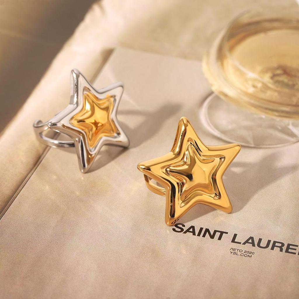 Five-Pointed Star Titanium Steel Jewelry Set: 18K Gold & Silver Necklace, Earrings, and Ring