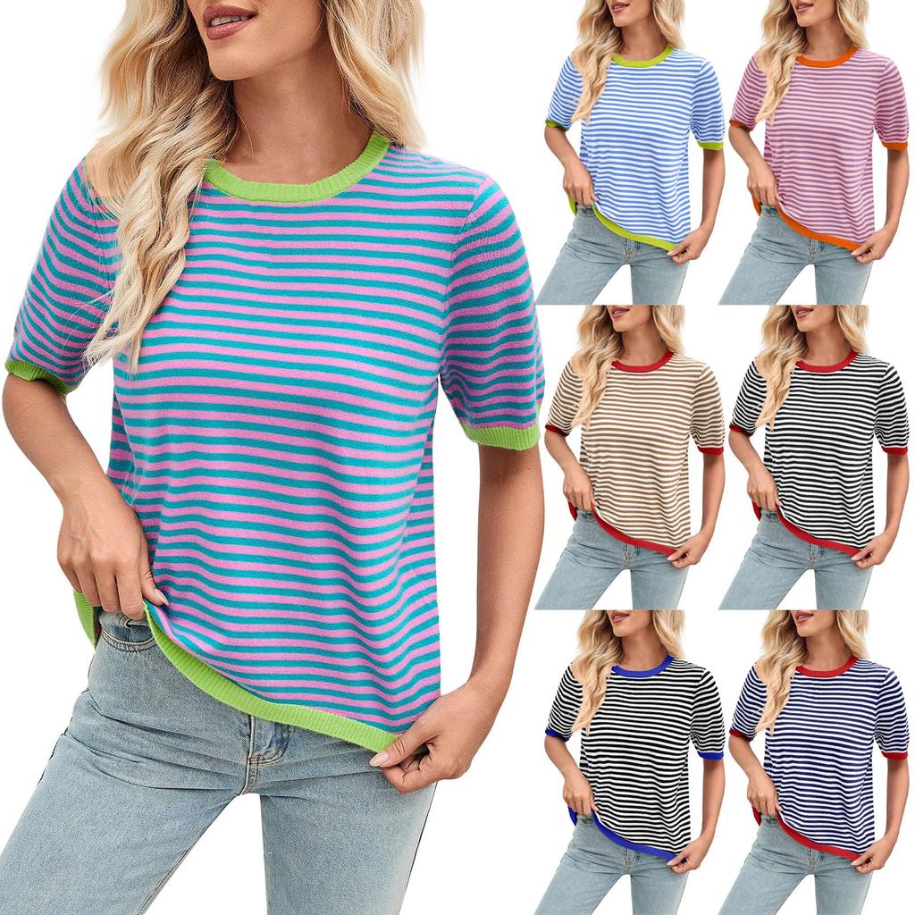 Женская мода весна-лето повседневный полосатый подходящие цвета круглый вырез трикотажный короткий рукав джемпер топ