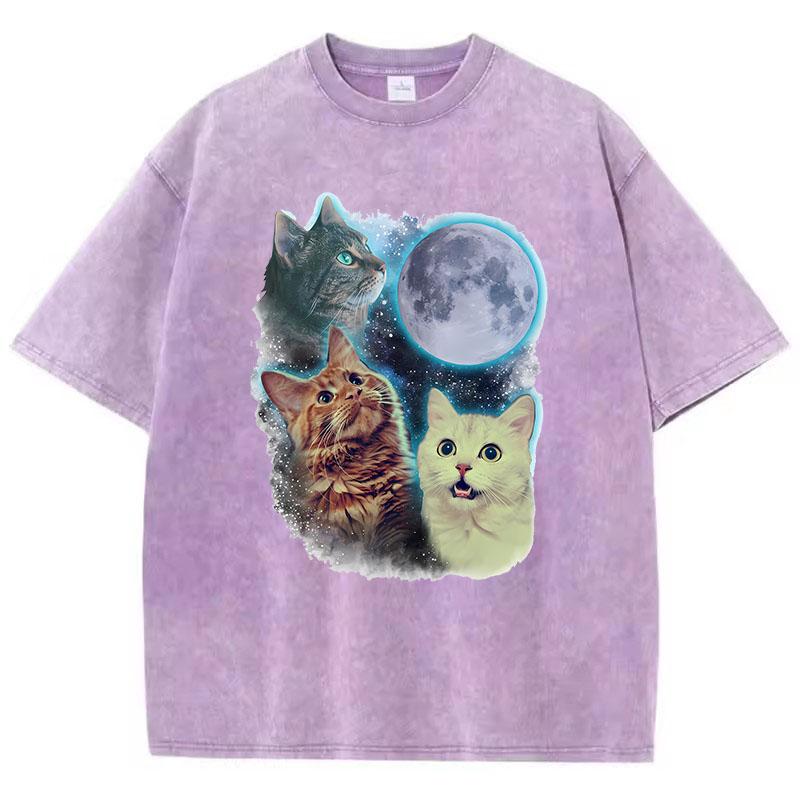 Funny T Shirt Vintage Washed  Cotton TShirt Cat Moon Star Graphic Tee Casual Streetwear Spring Summer Top Tee