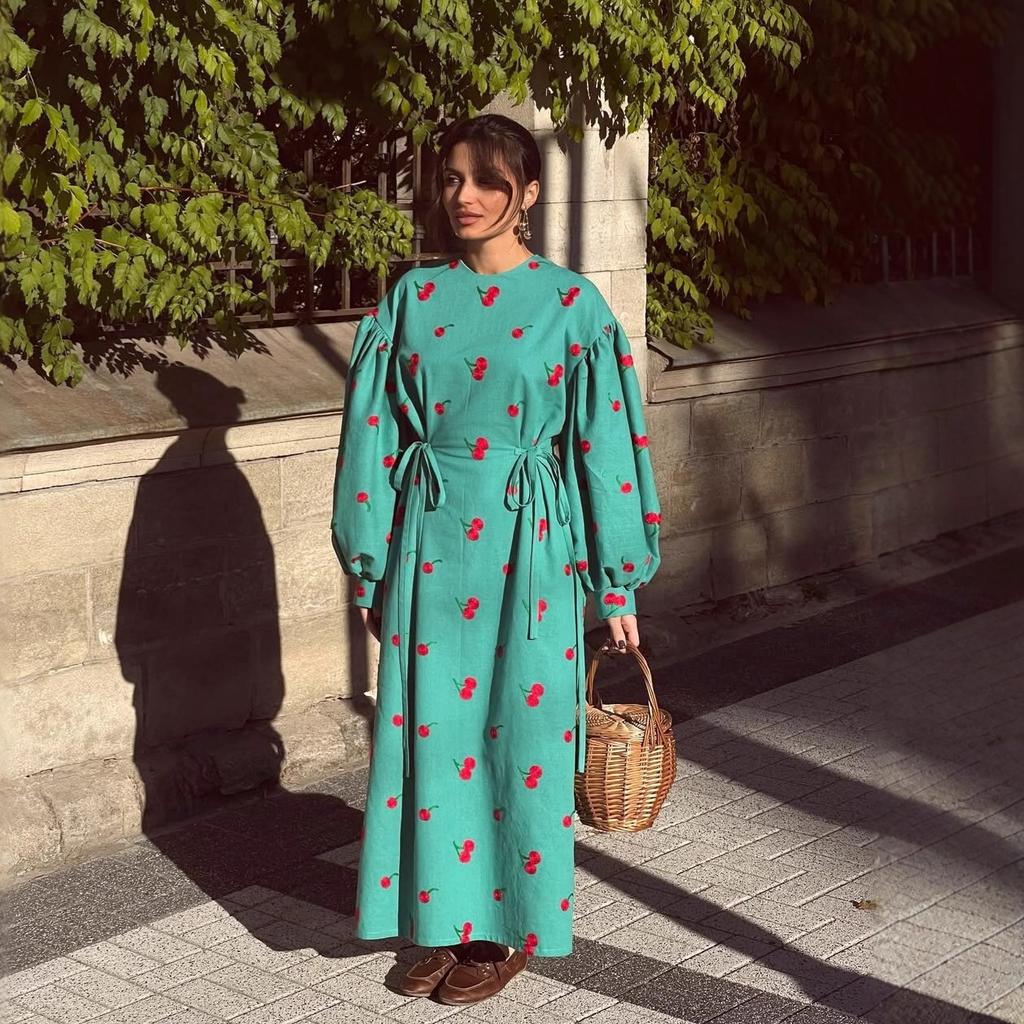 Женское весеннее европейское и американское новое модное ретро-платье с принтом, пышными рукавами, облегающее, на шнуровке