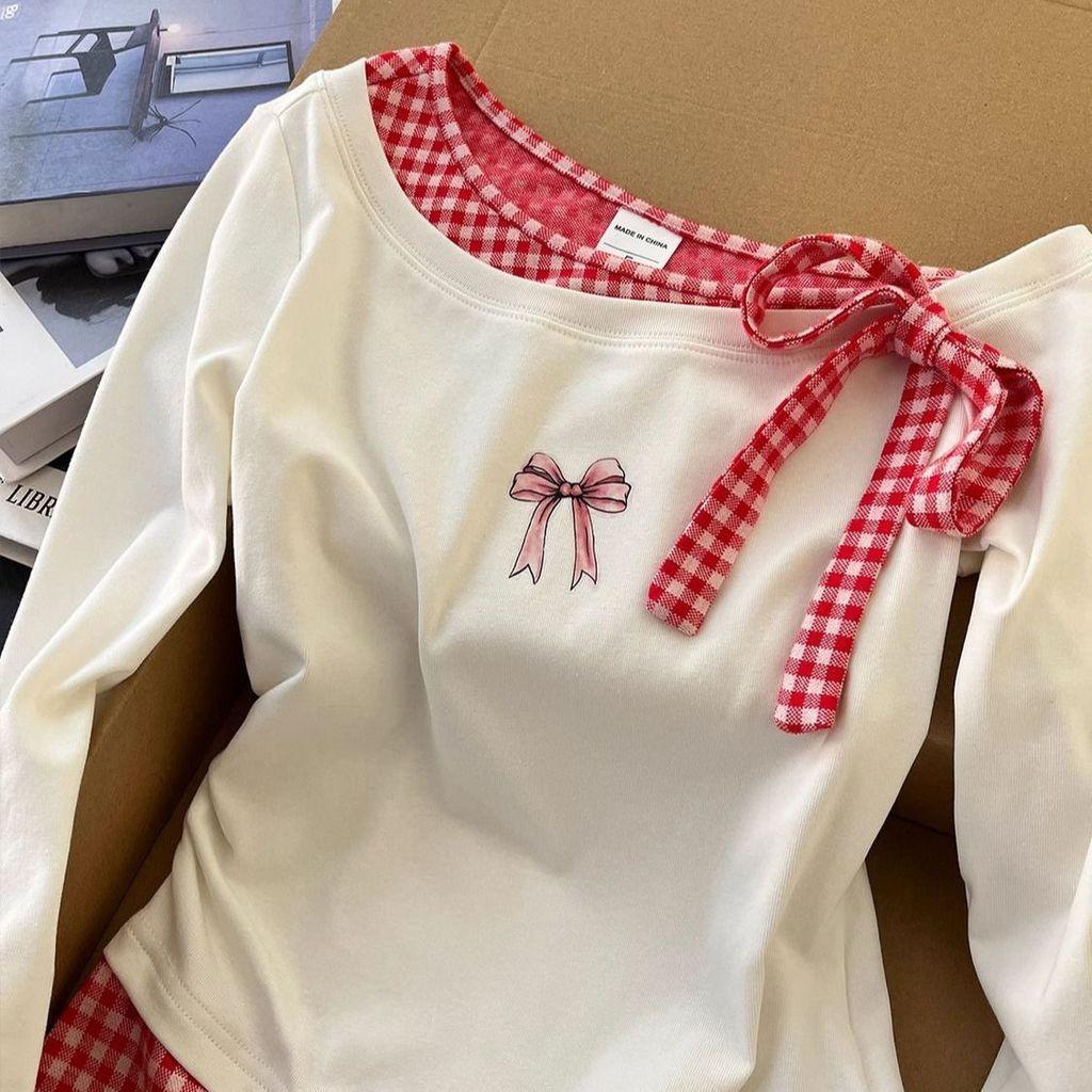Girls Long Sleeve T Shirt With Colorblock Plaid Pattern For Spring Casual Wear