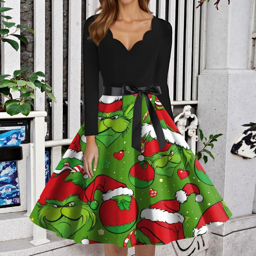 Женское модное платье с V-образным вырезом, повседневное, приталенное, с рождественским принтом, с длинным рукавом