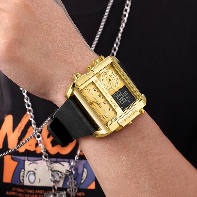 Мужские спортивные водонепроницаемые часы Oulm с квадратным циферблатом, многофункциональными особенностями и золотым кожаным ремешком