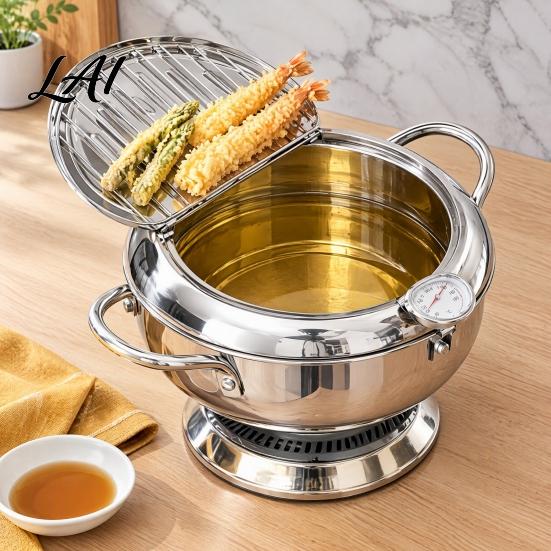 Kitchen Oil Fryer 304 Stainless Steel Deep Pot with Thermometer Drain Rack And Splatter Tempura Frying Lid Temp Control Saving Pot Multipurpose