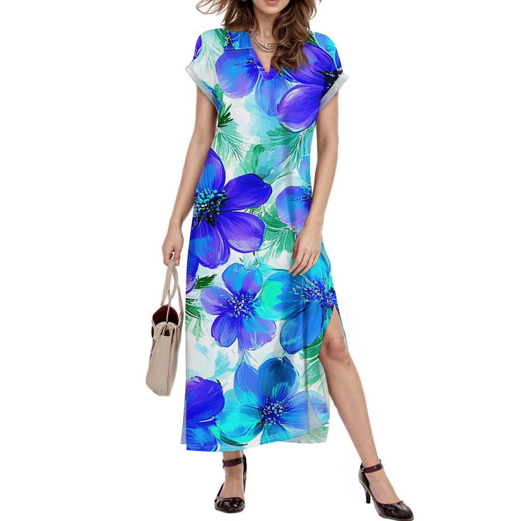 Women's Floral Maxi Dress Casual V Neck Long Shirt Dress Loose Slit Holiday Short Sleeve Dress