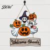 Spooky Door Decoration Happy Halloween Sign for Front Door, Wooden Ghost Pumpkin Hanging Reusable Decor Plaque, Welcome Wreath Tree, Wall, Party