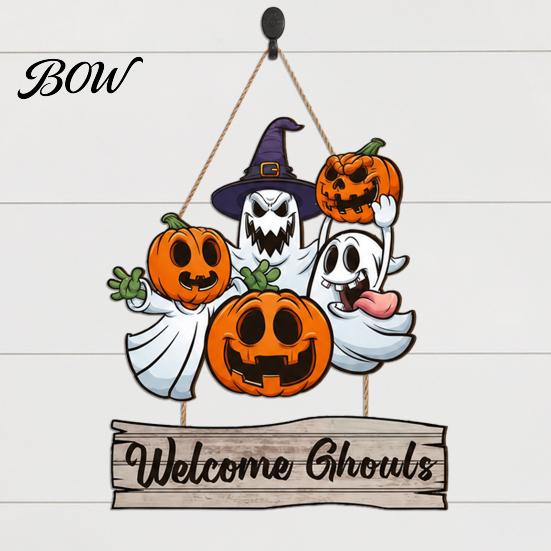Spooky Door Decoration Happy Halloween Sign for Front Door, Wooden Ghost Pumpkin Hanging Reusable Decor Plaque, Welcome Wreath Tree, Wall, Party