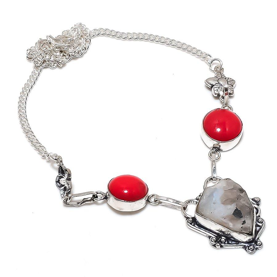 Moonstone Rough, Coral Gemstone 925 Sterling Silver Jewelry Necklace 18"