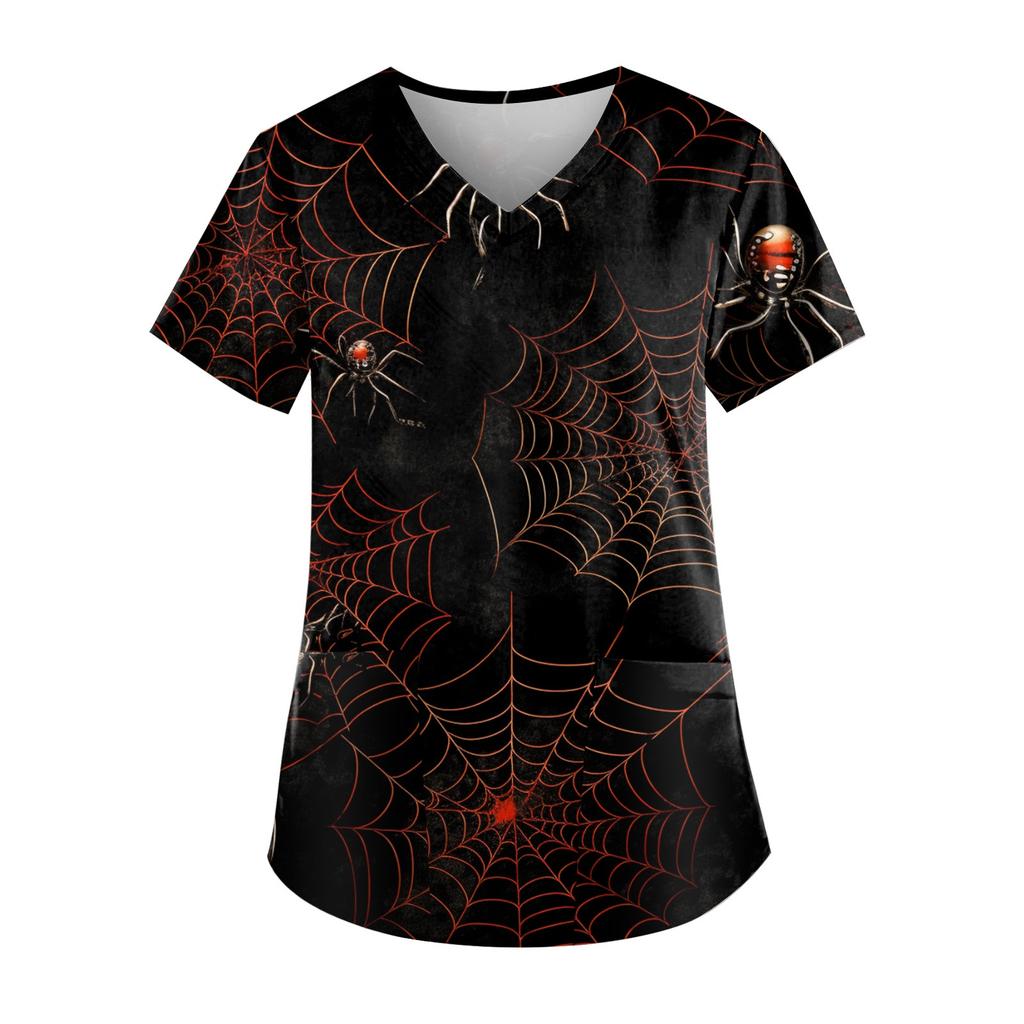 Плюс размер Хэллоуин печатная рабочая форма Топы для женщин футболки с v-образным вырезом и короткими рукавами рабочая одежда футболка с карманами