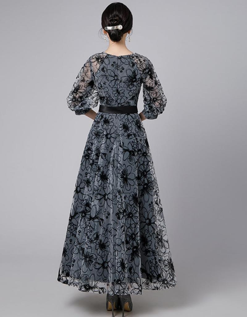 MATSUMIZUYU Платье женское с цветочным принтом, идеально для вечеринки и по размеру, на подкладке, А-силуэта, длинное, элегантное, формальное, с высокой талией, рукава 3/4, с лентой,