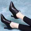 Women's Shoes Spring New Deep Mouth Single Shoes First Layer Embossed Plaid Leather Pointed Fashion High Heel Short Boots