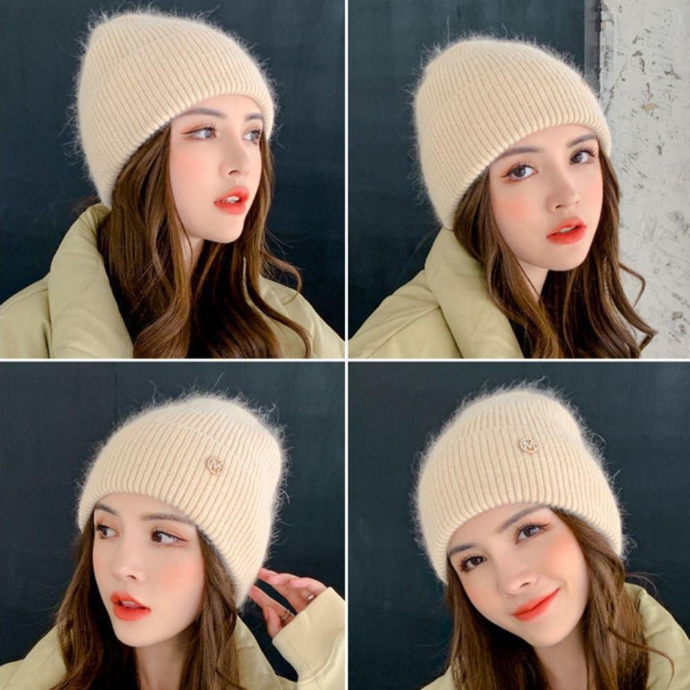 Однотонная вязаная шапка из кроличьего меха, утолщенная теплая шапка-бини, простая женская зимняя шапка