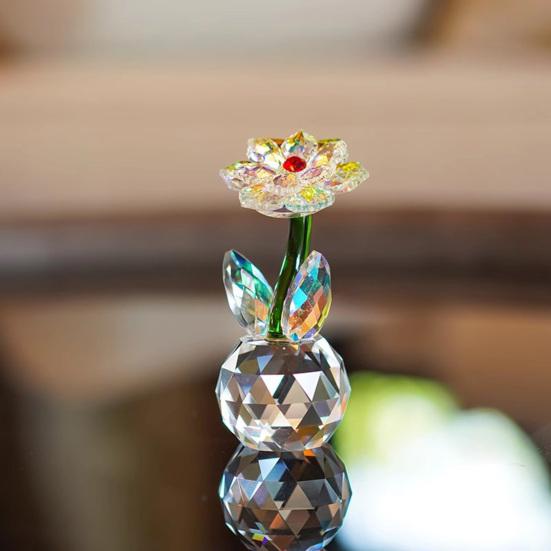 Faux Crystal Sunflower Figurine Glass Flower Ornament Collectible Desk Sunflower Statue for Table Window Car Decor