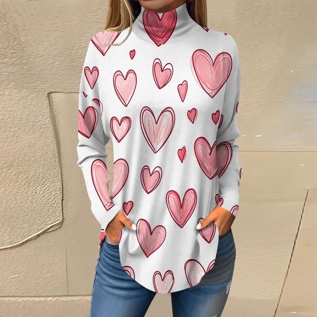 Футболки для женщин, осенние повседневные рубашки с длинным рукавом, толстовка с принтом, топ с высоким воротом, пуловер