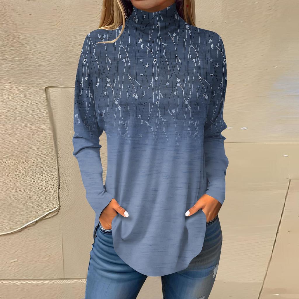 Женская модная повседневная футболка с длинным рукавом с высоким воротом и принтом, пуловер, топ