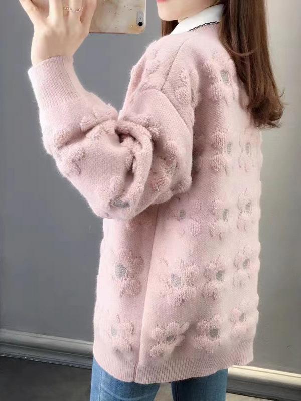 2024 Autumn/Winter 3D Floral Knit Sweater Cardigan - Women's Korean Style, Loose Plus Size