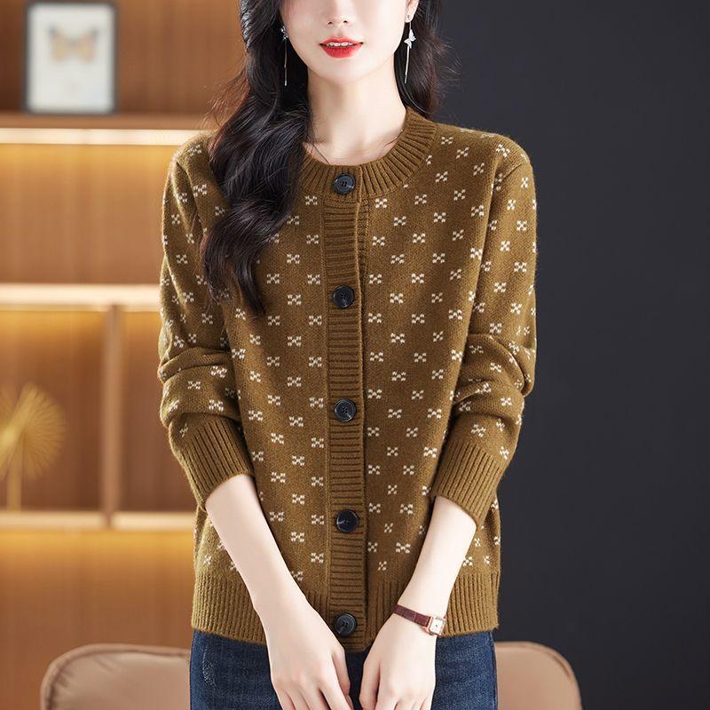 Весна и осень Новый кардиган с круглым вырезом и пуговицами Жаккардовый вязаный кардиган Пальто Свободный свитер Пальто