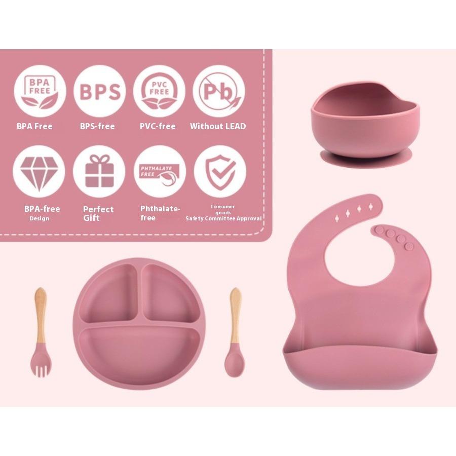 Baby Silicone Tableware Set Newborn Baby Complementary Tableware Silicone Compartmentalized Meal Plate Complementary Bowl Bib Feeding Set
