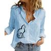 Women Fashion Cat Print Cotton Linen Shirt Ladies Lapel Collar Buttoned Top Spring Summer Fall Casual Loose Long Sleeve Blouses