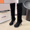 Модные женские сапоги выше колена, новые однотонные уличные ботинки зимы 2024 года, горячая распродажа, модные туфли из замши с круглым носком и тонким каблуком для женщин