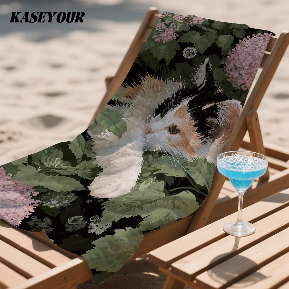 Floral Tricolor Cat Compact Travel Beach Towel Super Absorbent Sand Resistant, Microfiber for Swimming Camping Yoga