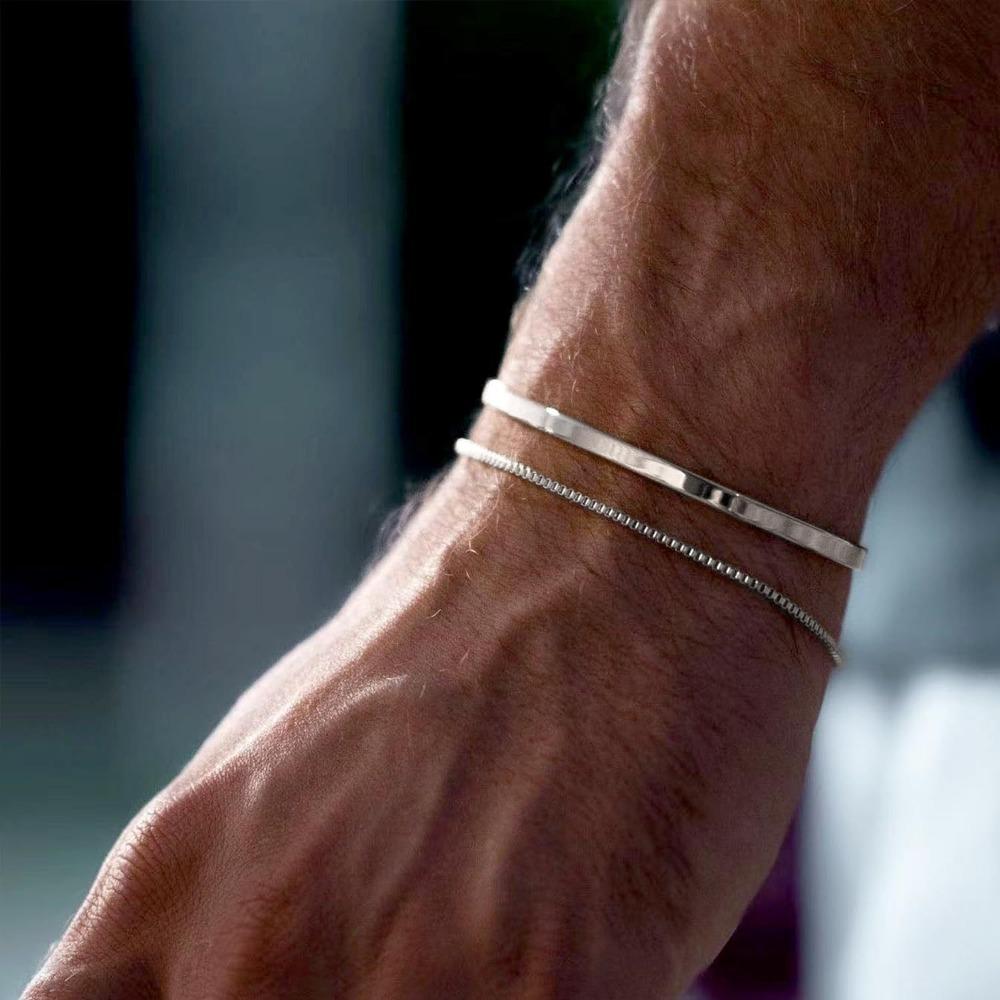 2 шт. Браслет-коробчатая цепочка, мужской двойной браслет, изящный набор браслетов, браслет из нержавеющей стали, открытый, гладкий, мужской