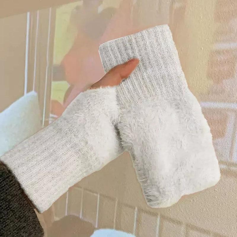 1 пара женских зимних пушистых полупальцевых перчаток без пальцев, теплые вязаные варежки