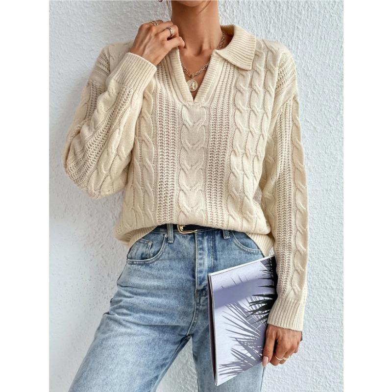 Women S Long Sleeve Polo Neck Knit Sweater Solid Color Casual Top