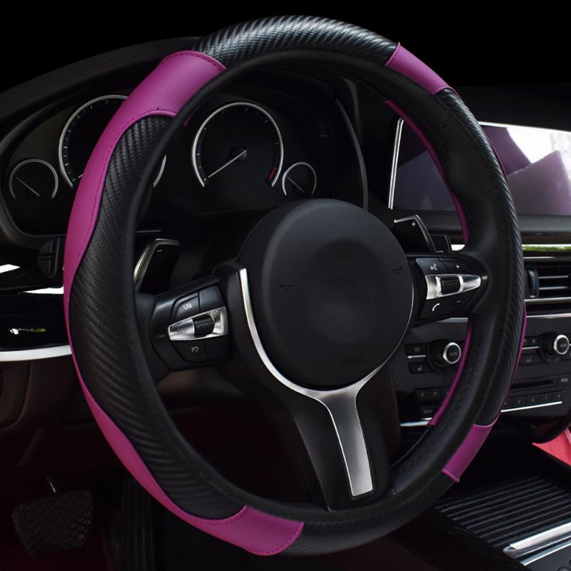 Car Steering Wheel Cover - Elastic, Lineless, Carbon Fiber Pattern Leather, All-Season Universal