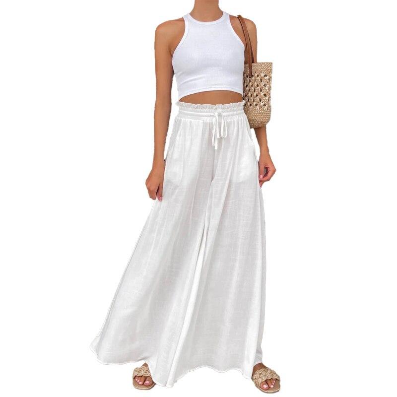 Summer Elastic Waist Edible Tree Fungus Trousers Fashion Loose Pocket Drawstring Pants Casual Solid Green Wide Leg Pants 25550