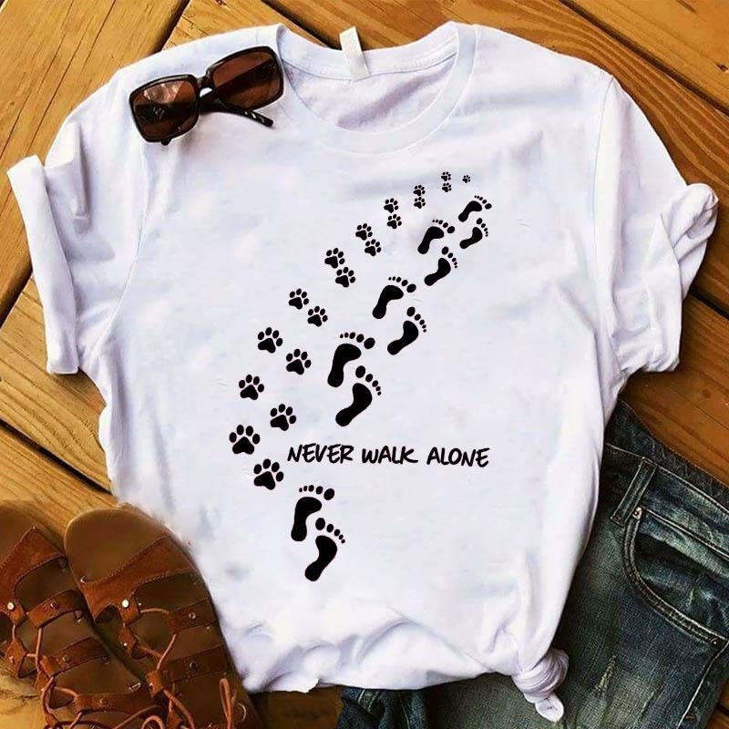 Women Plus Size T Graphic Flower Never Walk Alone Dog Paw Fashion Printed Top Tshirt Female Tee Shirt Ladies Clothes T-shirt