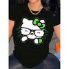 European size , Sanrio Hello Kitty Women's T-Shirt - St. Patrick's Day 2025 New Year Outfit, Cute Hello Kitty Face Shamrock Print