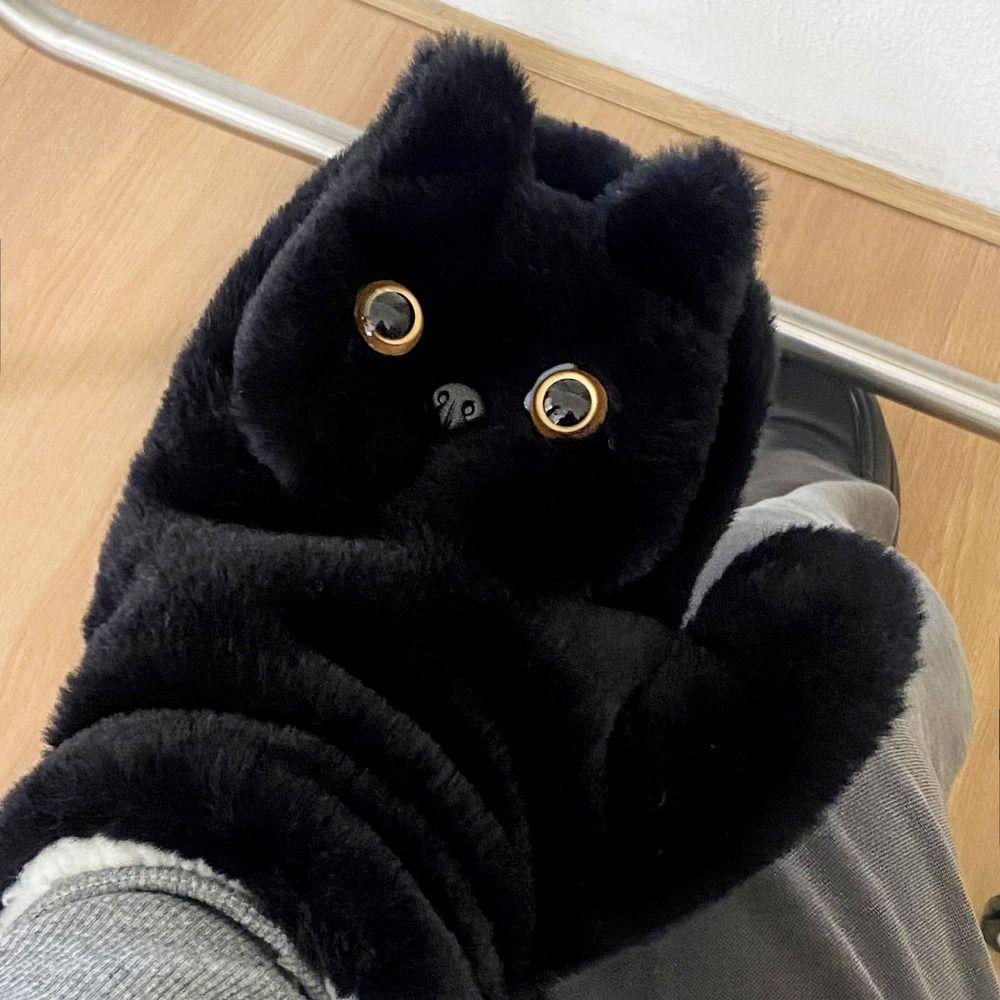 Cartoon Black Cat Fur Gloves Cute Cat Halter Gloves Soft Kitty Mitten  Riding