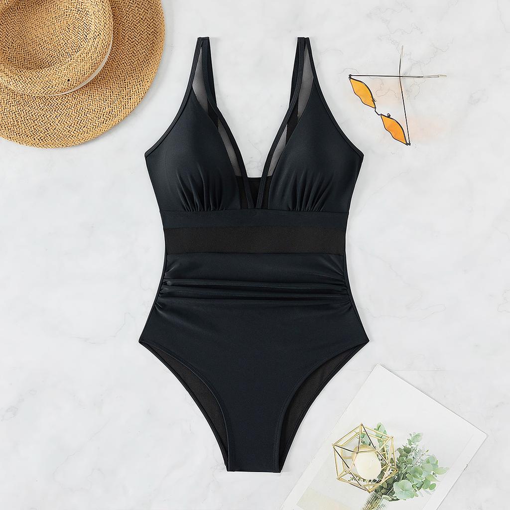 Sexy Black One Piece Swimsuit 2025 Women Mesh Patchwork Transparent Tummy Control Swimwear Bathing Suit See Through Monokini