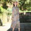 High-end Improved Cotton and Linen Dress Women's 2025 New Summer Foreign Style Short-sleeved Printed Medium and Long Dress