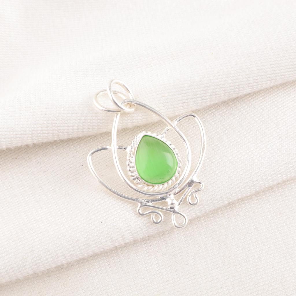 Green Cat's Eye Gemstone Jewelry, 925 Solid Sterling Silver Jewelry, Handmade Spiritual Jewelry For Wedding Gift