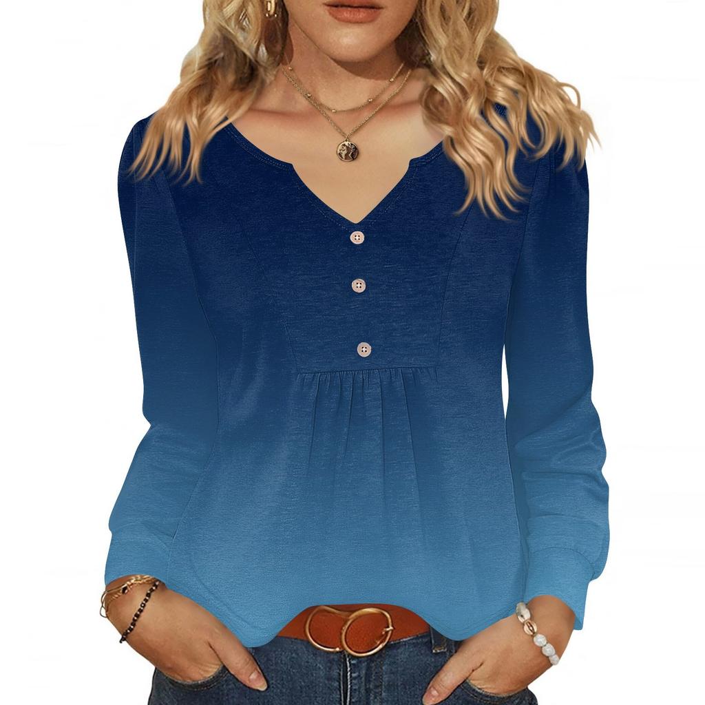 Женская модная повседневная блузка с V-образным вырезом на пуговицах, с длинным рукавом, пуловер, футболка, топ