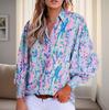 Spring and Autumn New European and American Fashion V-neck Large Flower Loose Foreign Lantern Long-sleeved Shirt Top Women's Shirt