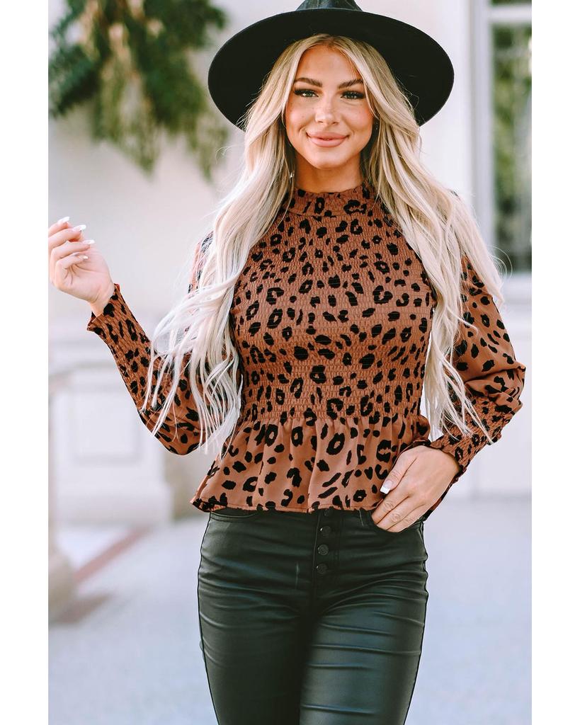 Azura Exchange Brown Leopard Smocked Puff Sleeve Peplum Top