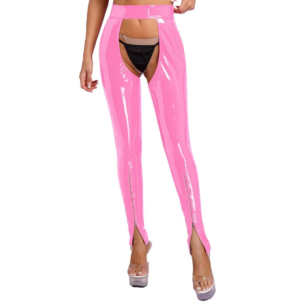 Женское нижнее белье из лакированной кожи с мокрым эффектом, леггинсы с открытой промежностью и открытой промежностью на молнии, узкие брюки, клубная одежда