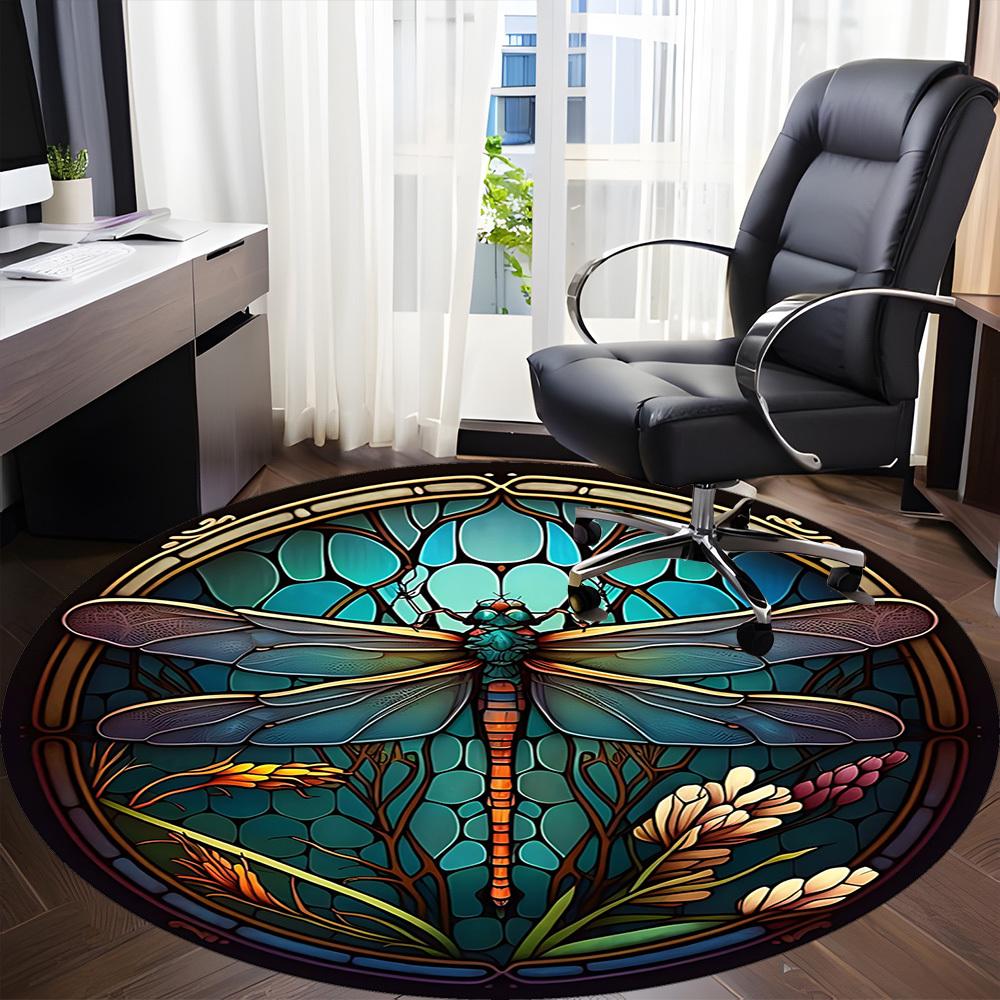 1PC Dragonfly StainedGlass Office Round Area Rug,  Mat Suitable ForOffice, Under Office Chairs Bedroom Living Room Home Decor, Room Deco