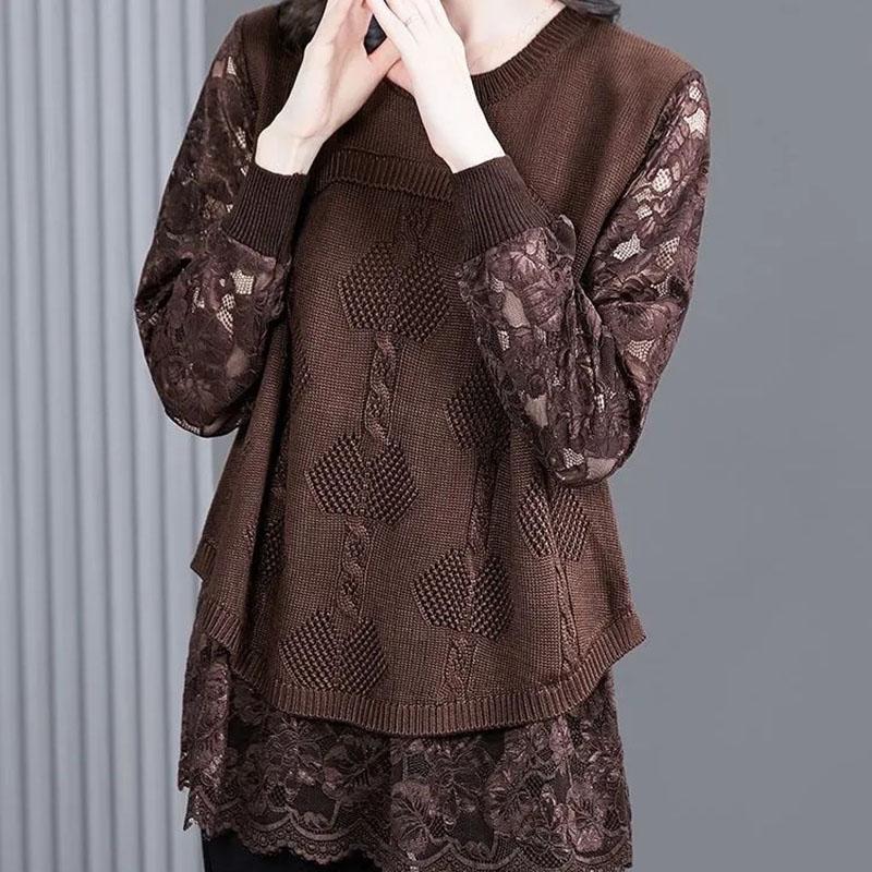 Knit Sweater Women's Fall Comfortable Loose False Two-piece Tops Pullover Lace Bottoming Shirt Long-sleeved Warm Casual Tops