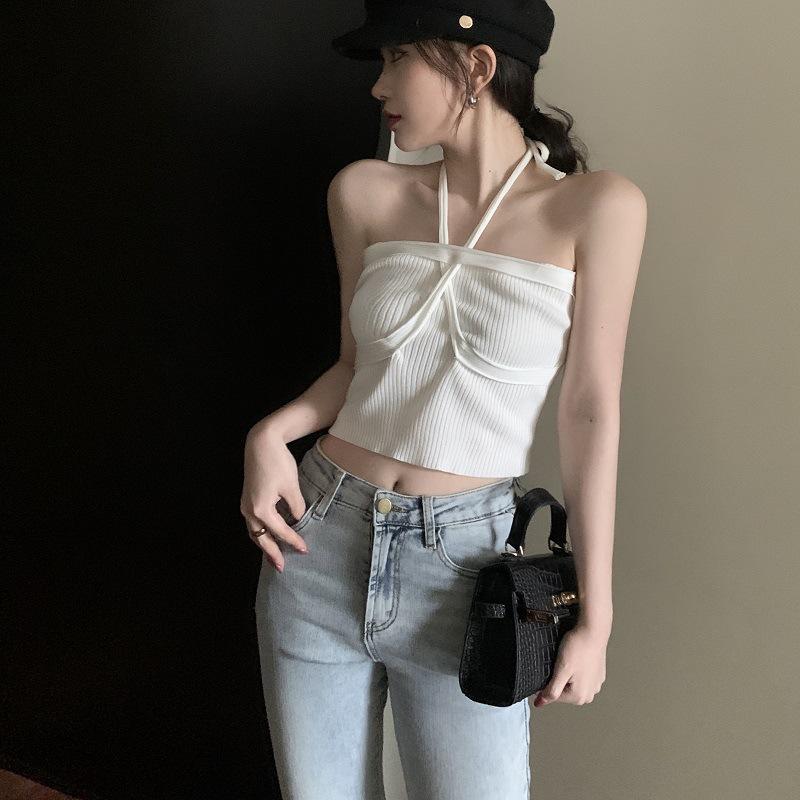 Летний новый маленький подтяжки халтер шея сексуальный завязывающийся бандо спинки поверх топа носить горячая девушка короткий вязаный жилет