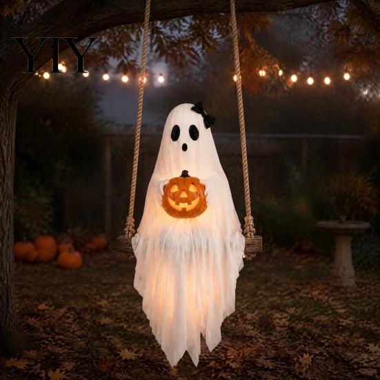 Decorative Props for Festivals Halloween Lighted Ghost Swing with Glowing Pumpkin, Hanging Spooky Decor Gathering Decorations Porch Yard, LED Floating