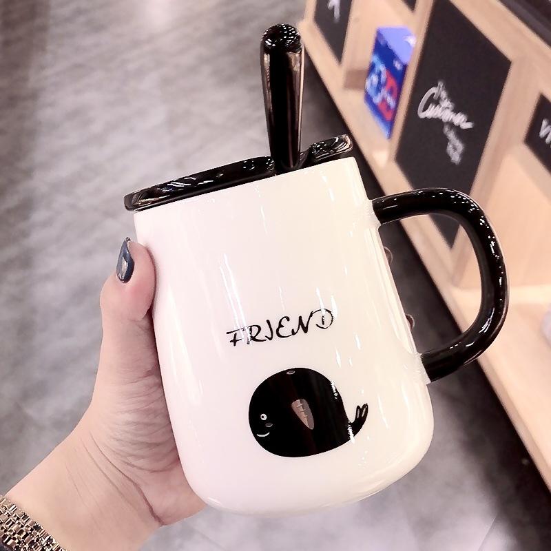 Кружка в скандинавском стиле с крышкой и ложкой, парная керамическая чашка, женская, креативная, для дома, офиса, для завтрака, кофе, воды, мужская