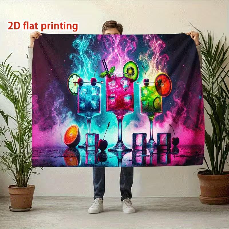 Colorful Tropical Cocktail Tapestry, Neon Palm Tree Sunset Background