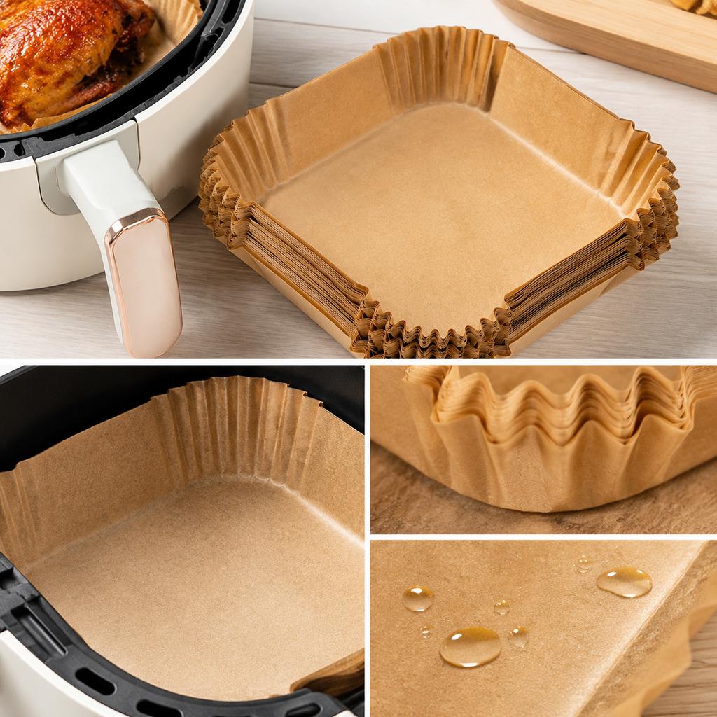 Air Fryer Paper Liners, 100 pcs Brown Rectangular 200 x 160 mm Disposable Baking Paper Trays for Home Kitchen Cooking