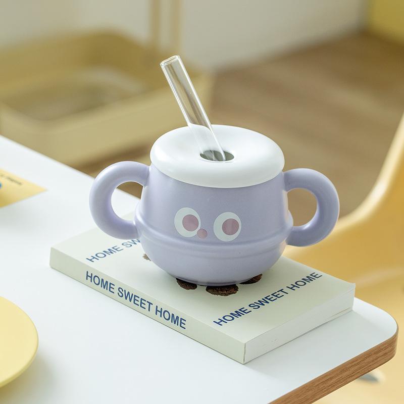 Ceramic mug with lid Student office Double handle Straw cup Expression ins Ceramic cup office